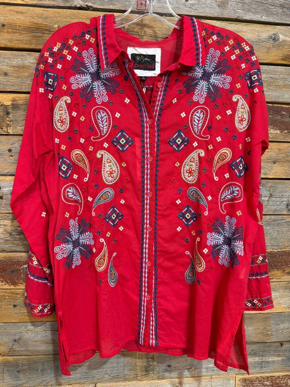 NEW JOHNNY WAS women's slim audrey embroidered shirt in red